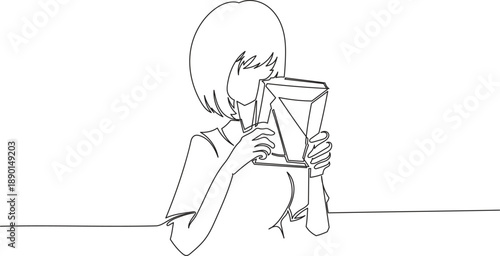 Continuous One Line Drawing of a Person Missing Someone While Looking at a Picture eps10