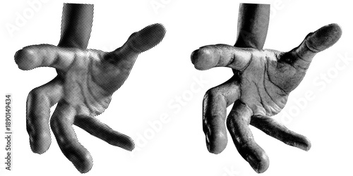 2 style Halftone hands collection. Halftone hands show grabbing gesture . Stylish halftone collage design elements. Hand gestures in pop art style. Transparent background