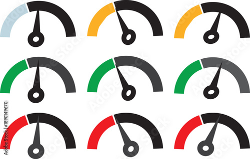 Speedometer and gauge meter icon set. Modern performance and speed symbols. Vector dashboard and measurement interface elements