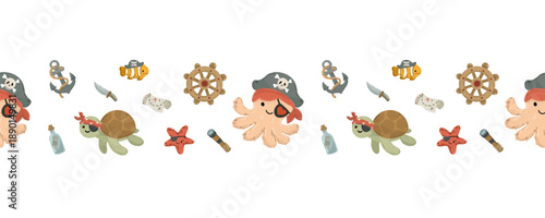 Cute pirate octopus and turtle seamless border. Funny sea characters with treasure map, anchor and pirate ship wheel