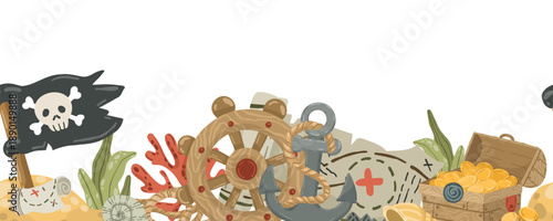 Cute pirate sea border with anchor, ship wheel, treasure map and marine plants. Seamless nautical frame for kids