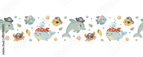 Cute pirate sea animals seamless vector border. Cartoon dolphin, whale and crab in pirate hats on white background