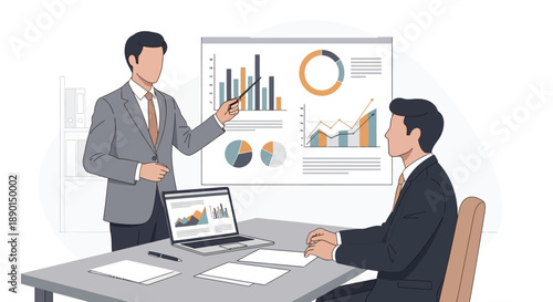 Two businessmen discussing data analysis and strategy in a meeting