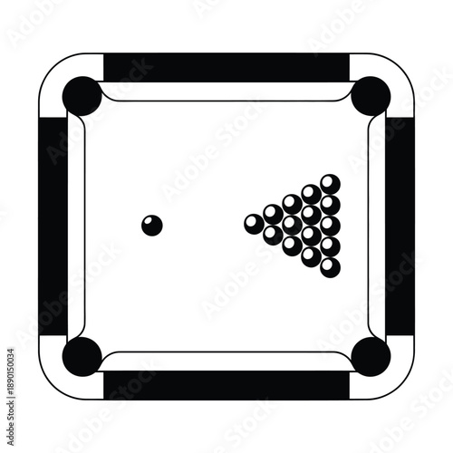 A black and white illustration of a pool table setup with balls