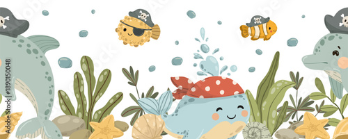 Underwater pirate life seamless border. Cute whale, dolphin and puffer fish with seaweeds and shells