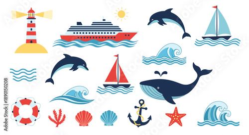 Marine life and nautical elements set featuring a lighthouse, cruise ship, dolphins, whales, sailboats, shells, and ocean waves.