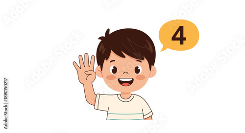 Happy young boy holds up four fingers and shows a speech bubble with the number four, suitable for early education counting.