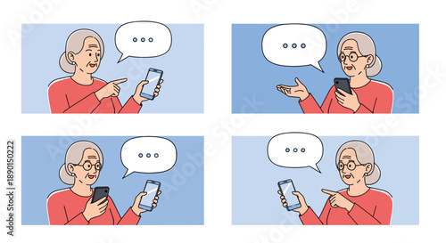 Senior woman in red shirt is shown in four different panels interacting with her smartphone and bubbles for mobile app design.