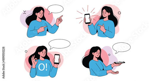 Young woman in a blue shirt demonstrates different mobile phone uses and hand gestures like okay sign and pointing for design.