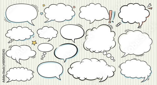 Collection of hand drawn speech and thought bubbles in various shapes and sizes on a subtle pinstripe background for dialogue.