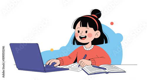 Young girl smiling while studying at her desk using a purple laptop and writing in a notebook against a soft blue background.