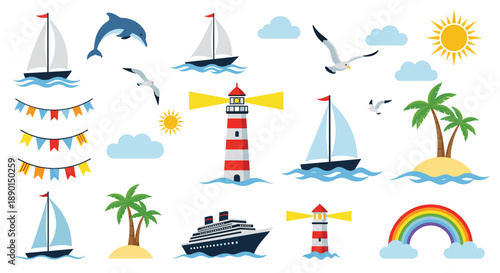 Large set of marine and nautical icons featuring colorful sailboats, cruise ships, lighthouses, dolphins, seagulls, and a rainbow.