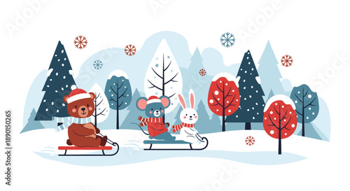 Cute forest animals including a bear, mouse, and rabbit riding sleds through a snowy winter landscape with pine trees and snow.