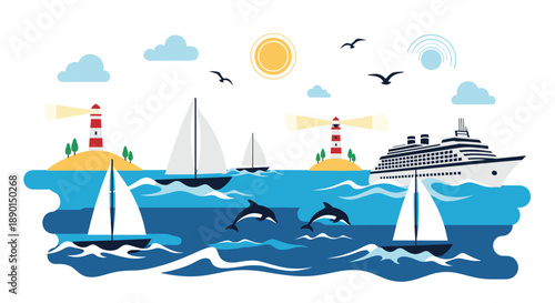 Dynamic ocean landscape filled with sailboats, a cruise ship, jumping dolphins, lighthouses, and seagulls under a bright yellow sun.