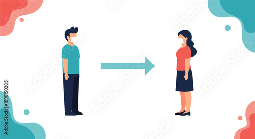 Man and woman wearing face masks and standing apart with a directional arrow between them to illustrate social distancing rules.