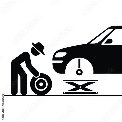 Man changing a car tire with jack and tools black silhouette icon