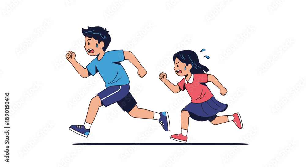 Fototapeta premium Energetic young boy and girl running together with determined and sweaty expressions against a clean and plain white background.