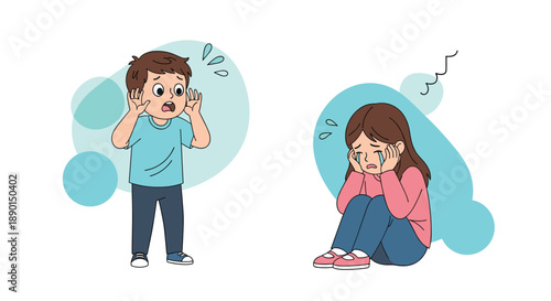 Two children expressing distress with a worried boy holding his ears and a sad girl sitting on the floor crying with her head down.