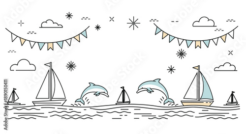 Detailed line art illustration of an ocean scene with jumping dolphins, sailboats, clouds, and festive bunting flags on a wire.