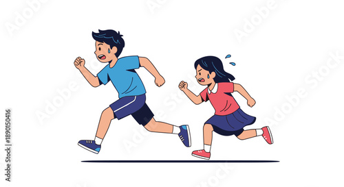 Energetic young boy and girl running together with determined and sweaty expressions against a clean and plain white background.