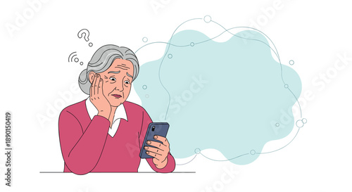Senior woman looking confused and stressed while trying to use her smartphone with a large empty cloud bubble for her thoughts.