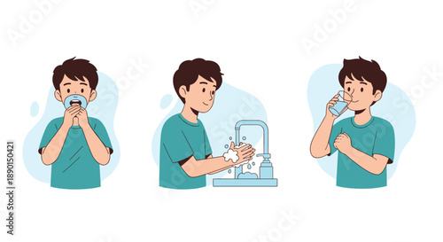 Three illustrations of a young boy demonstrating healthy hygiene habits like wearing a mask, washing hands, and drinking water.