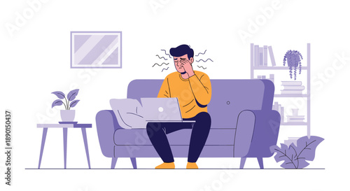 Man sitting on a purple sofa and rubbing his tired eyes due to eye strain while working on a laptop at home in the living room.