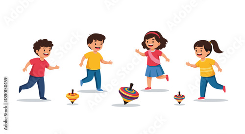 Group of happy diverse children playing with colorful spinning tops outdoors, captured in a vibrant and playful cartoon style.