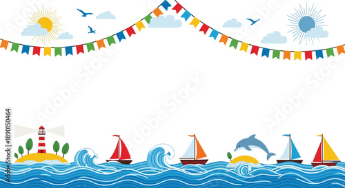 Nautical banner design with sailboats, lighthouses, dolphins, and colorful party flags across the top over blue ocean waves.