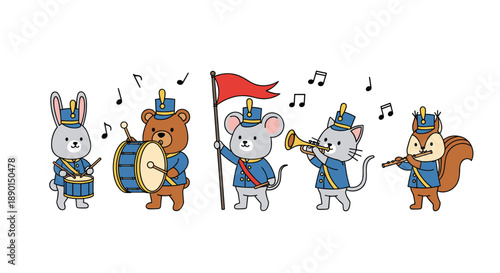 Cute animal marching band featuring a rabbit, bear, mouse, cat, and squirrel playing drums, trumpet, and flute in uniform.