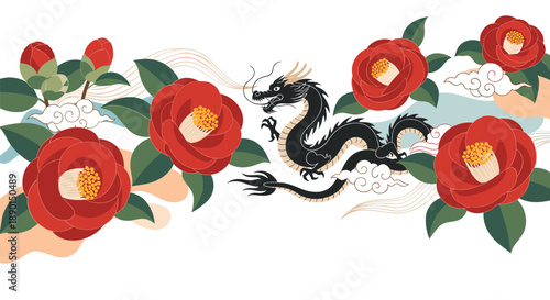 Traditional Japanese style illustration featuring a black dragon surrounded by vibrant red camellia flowers and white clouds.