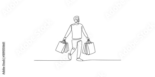 Happy man walking and carrying shopping bags, continuous line art illustration