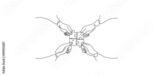 Four hands connecting puzzle pieces together in a continuous line art style illustration