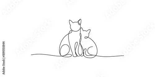 A minimalist single continuous line drawing capturing two cats sitting close together in a loving embrace on a white background.