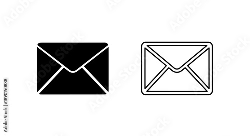 Closed envelope icon set, solid black and outline for postal mail and messages