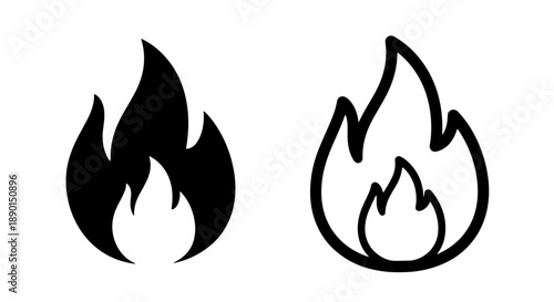 Flame icon set, solid black and outline versions representing fire and heat