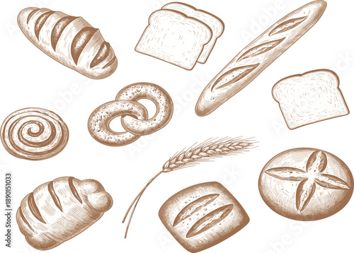 Hand drawn vector illustration of assorted bakery items, fresh bread, croissant and baguette for bakery design