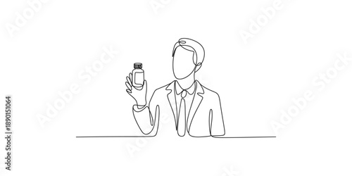 A doctor or pharmacist holds a bottle of medicine in a continuous line art drawing