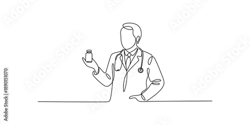 A continuous line drawing of a doctor holding a medicine bottle, representing medical treatment and prescription.