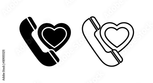 Phone receiver icon with heart, solid black and outline, symbolizing love and communication