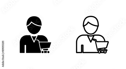 Customer icon with shopping cart, solid black and outline, for e-commerce and retail