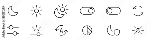 Minimal dark mode and display settings line icons set with sun, moon, toggle switches, brightness, refresh, sliders and protection mode. editable stroke line icon
