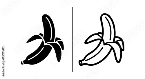Fresh Peeled Banana Icons: Solid Black and Line Art for Healthy Food Concepts