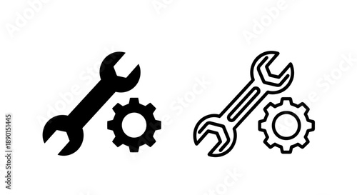 Wrench and Gear Icon Set: Settings and Tools Silhouette and Outline Design