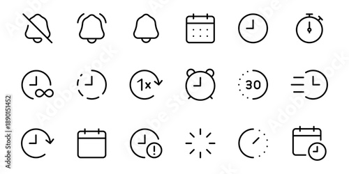 Time and clock icon set. calendar, timer line icons with clocks, alarms, calendars, reminders, mute alerts and duration symbols. vector time passage and stopwatch, notification bell, stroke line icon
