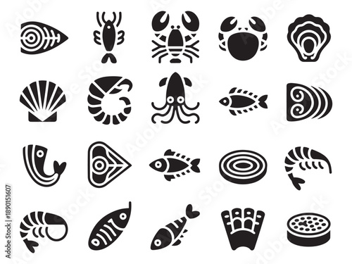 Diverse collection of seafood icons representing marine delicacies and aquatic life