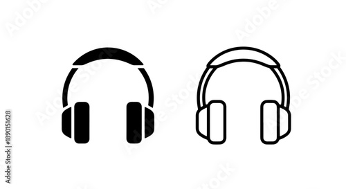 Headphones Icon Set: Solid Black and Outline Styles for Music and Audio Concepts