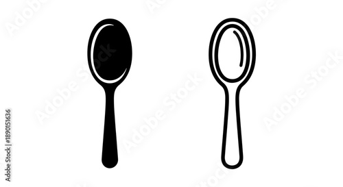 Serving Spoon Icon Pair: Solid and Outline Variations for Kitchen and Catering
