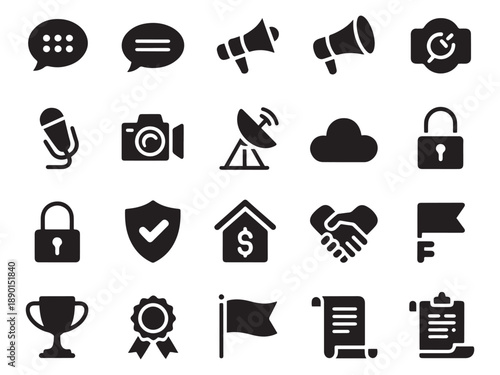 Collection of 20 glyph style icons for communication business technology and security concepts
