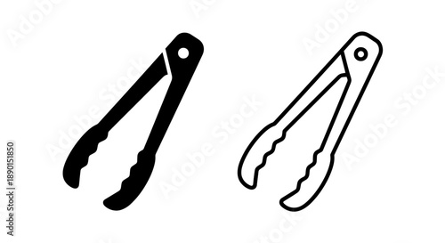 Black silhouette and outline kitchen tongs icon, culinary serving utensil vector symbol